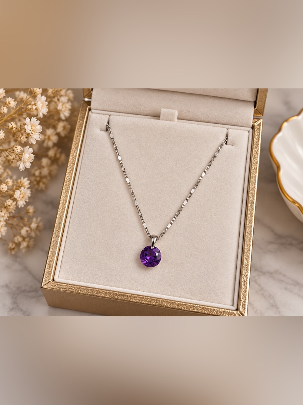 Sterling Silver Chain Necklace with Purple Crystal Pendant